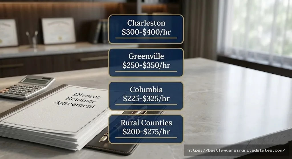 South Carolina divorce attorney hourly rates comparison by region showing Charleston rates from $300-$400 per hour