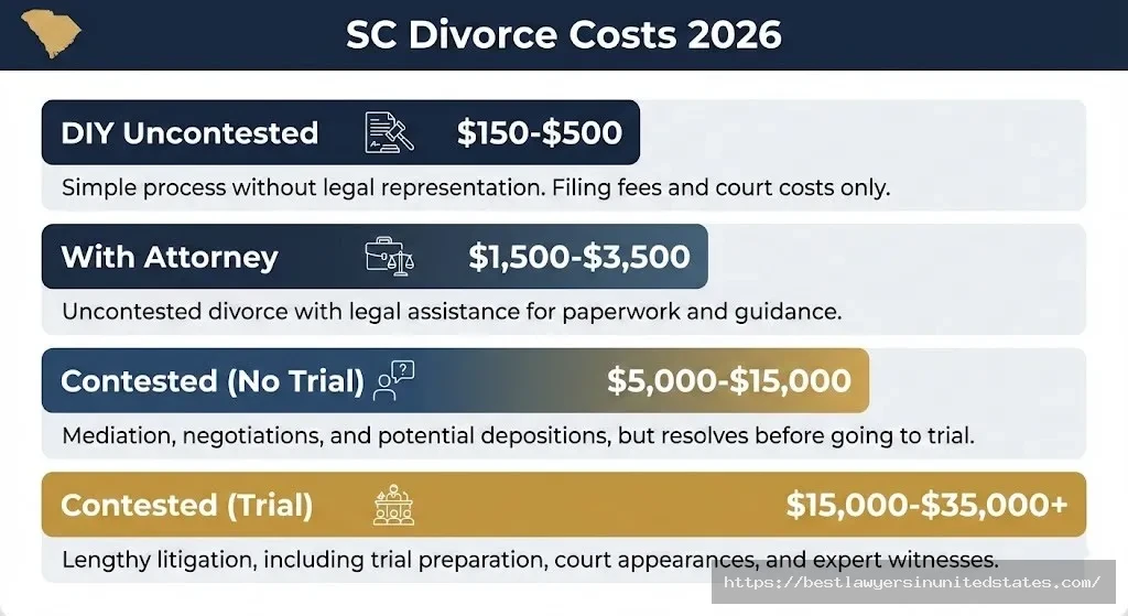 South Carolina divorce cost ranges from $150 for DIY uncontested to $35,000 for contested trial divorce in 2026