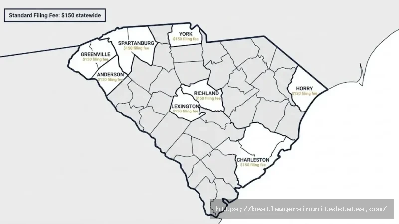South Carolina divorce filing fees by county map showing $150 standard fee across all major counties in 2026