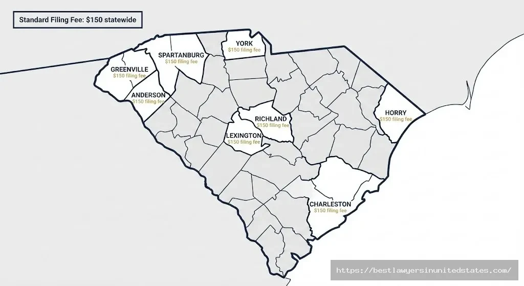South Carolina divorce filing fees by county map showing $150 standard fee across all major counties in 2026