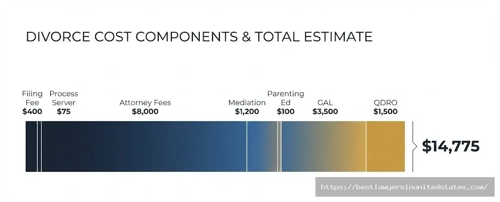 Stacked bar chart showing seven Minnesota divorce cost components totaling $14,775 including filing fees, attorney fees, mediation, GAL, and QDRO preparation