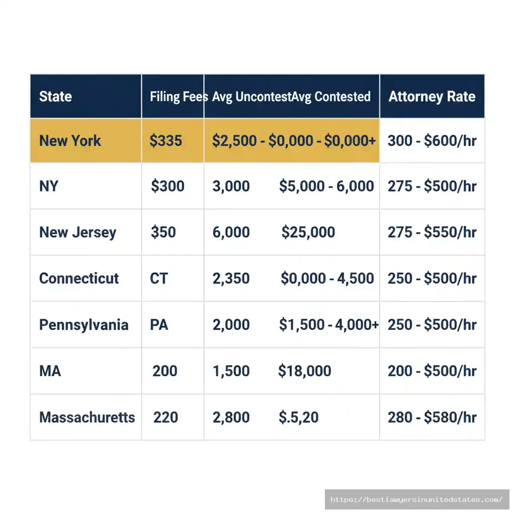 State-by-state divorce cost comparison showing New York's $335 filing fees and average costs versus New Jersey, Connecticut, Pennsylvania, and Massachusetts