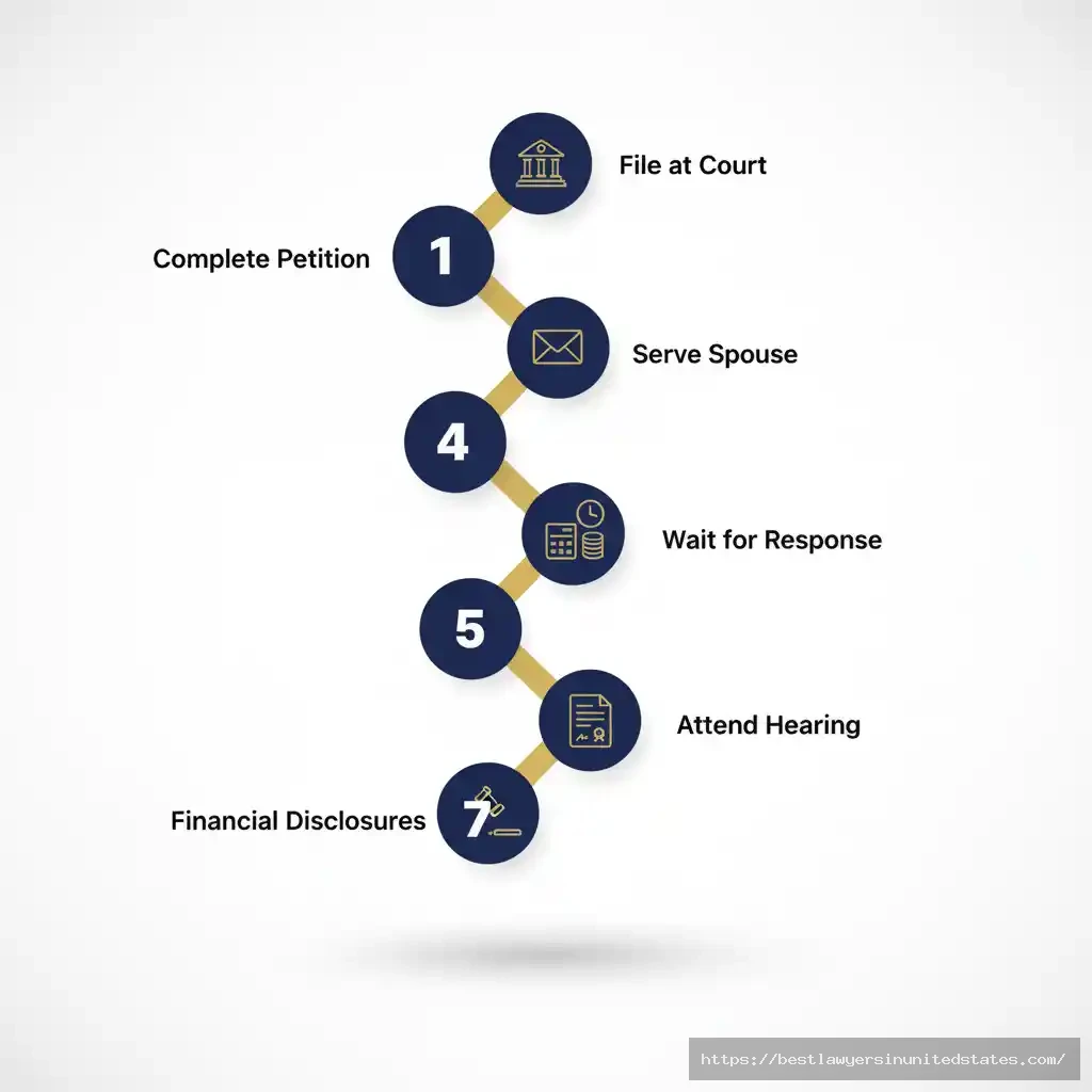 Step-by-step flowchart for filing DIY divorce in Illinois petition, filing, service, response, disclosures, agreement, and hearing