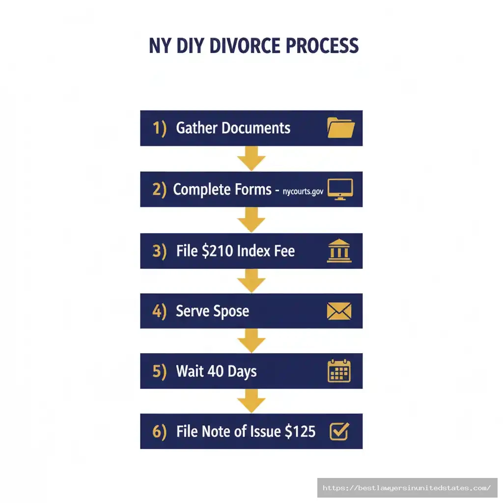 Step-by-step flowchart for filing DIY uncontested divorce in New York from gathering documents through final filing with court