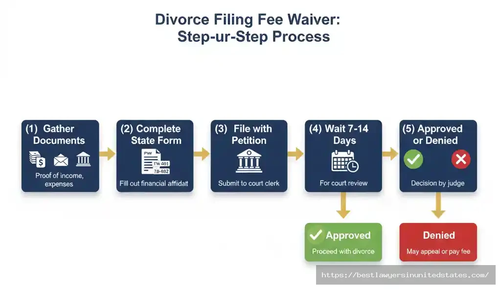 Step-by-step flowchart showing divorce filing fee waiver application process from document gathering to court approval