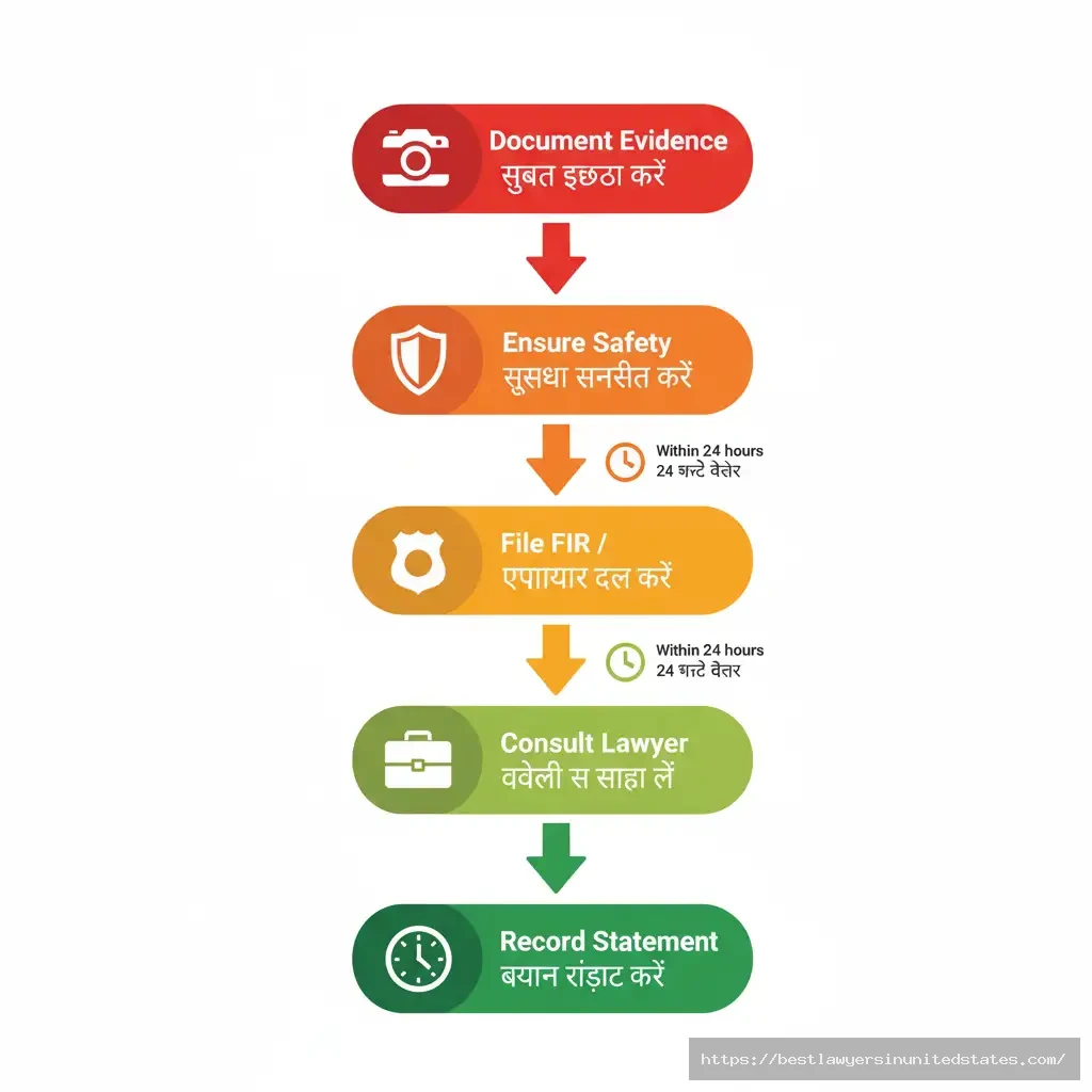 Step-by-step flowchart showing immediate actions for victims of criminal intimidation under Section 351 BNS including evidence documentation and FIR filing