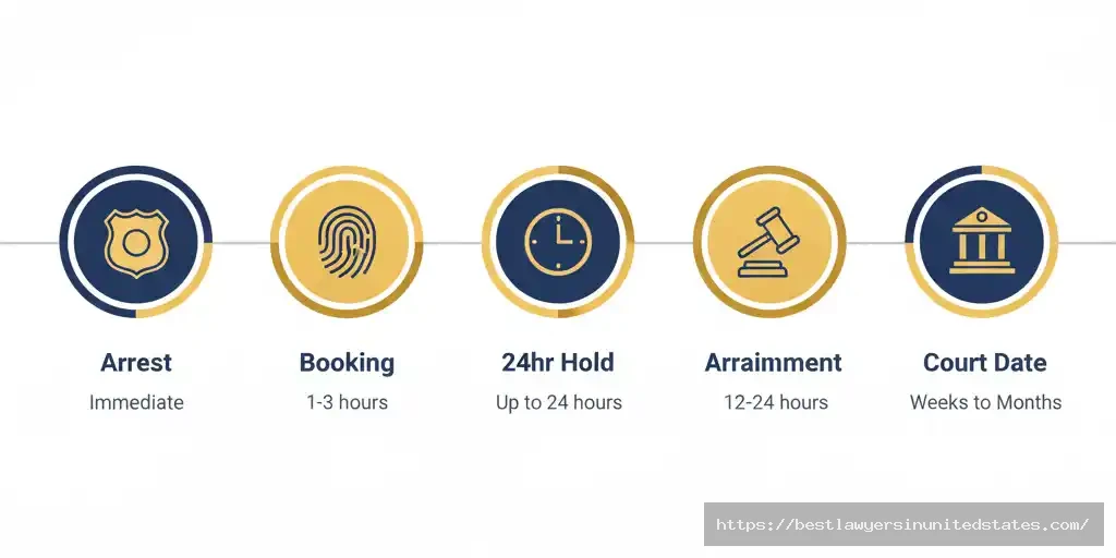 Step-by-step timeline showing prostitution arrest process from booking through arraignment in New York