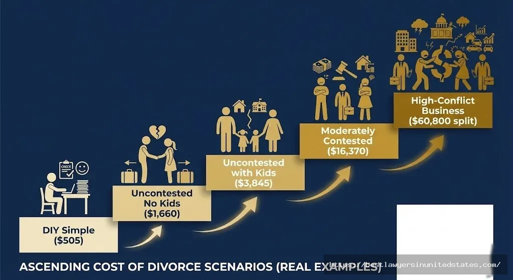 Step-ladder chart showing five real Minnesota divorce cost scenarios from $505 DIY divorce to $60,800 high-conflict divorce with business valuation