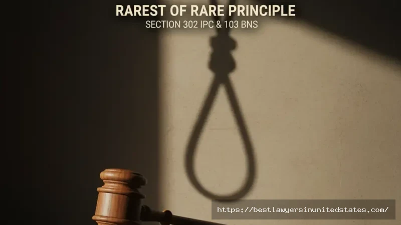 Symbolic depiction of death penalty under Section 302 IPC and 103 BNS rarest of rare principle.