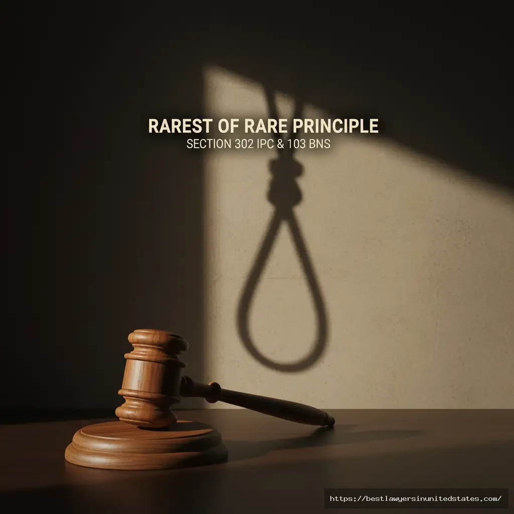 Symbolic depiction of death penalty under Section 302 IPC and 103 BNS rarest of rare principle.