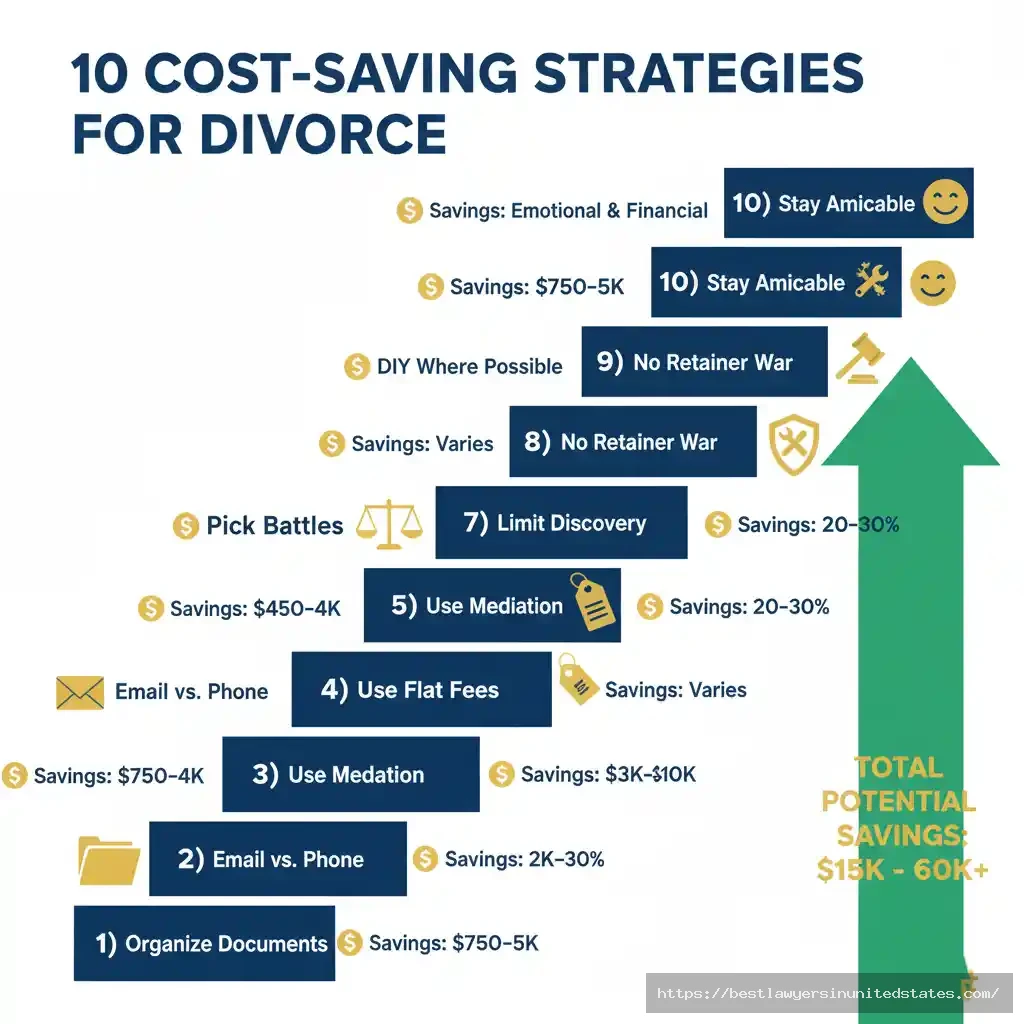 Ten proven strategies to reduce contested divorce costs with potential savings ranging from $450 to $5,000 per strategy