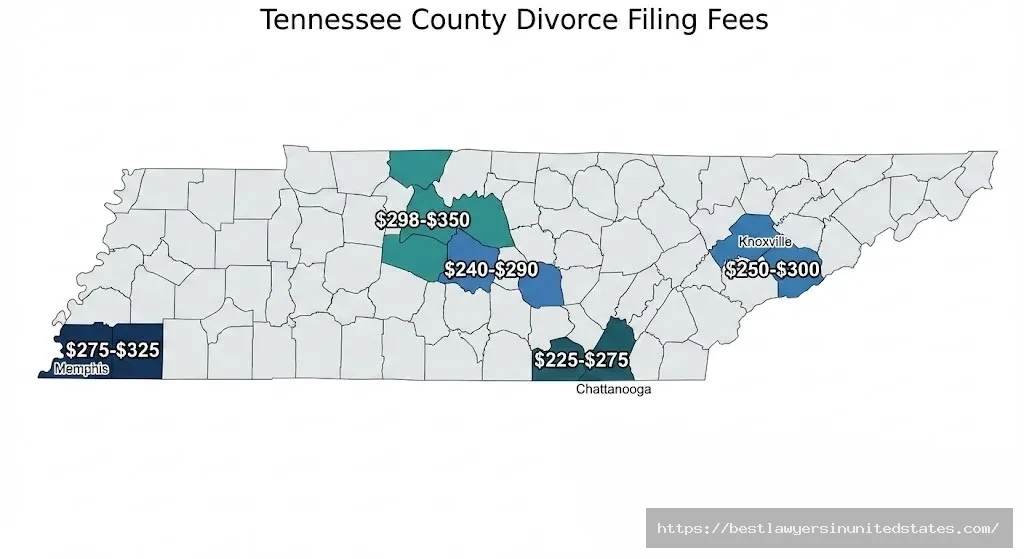 Tennessee county map showing divorce filing fees by county including Nashville Davidson County and Memphis Shelby County