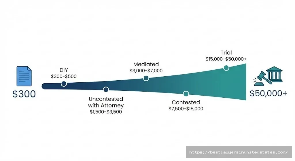 Tennessee divorce cost range infographic showing $300 DIY to $50,000+ contested trial expenses