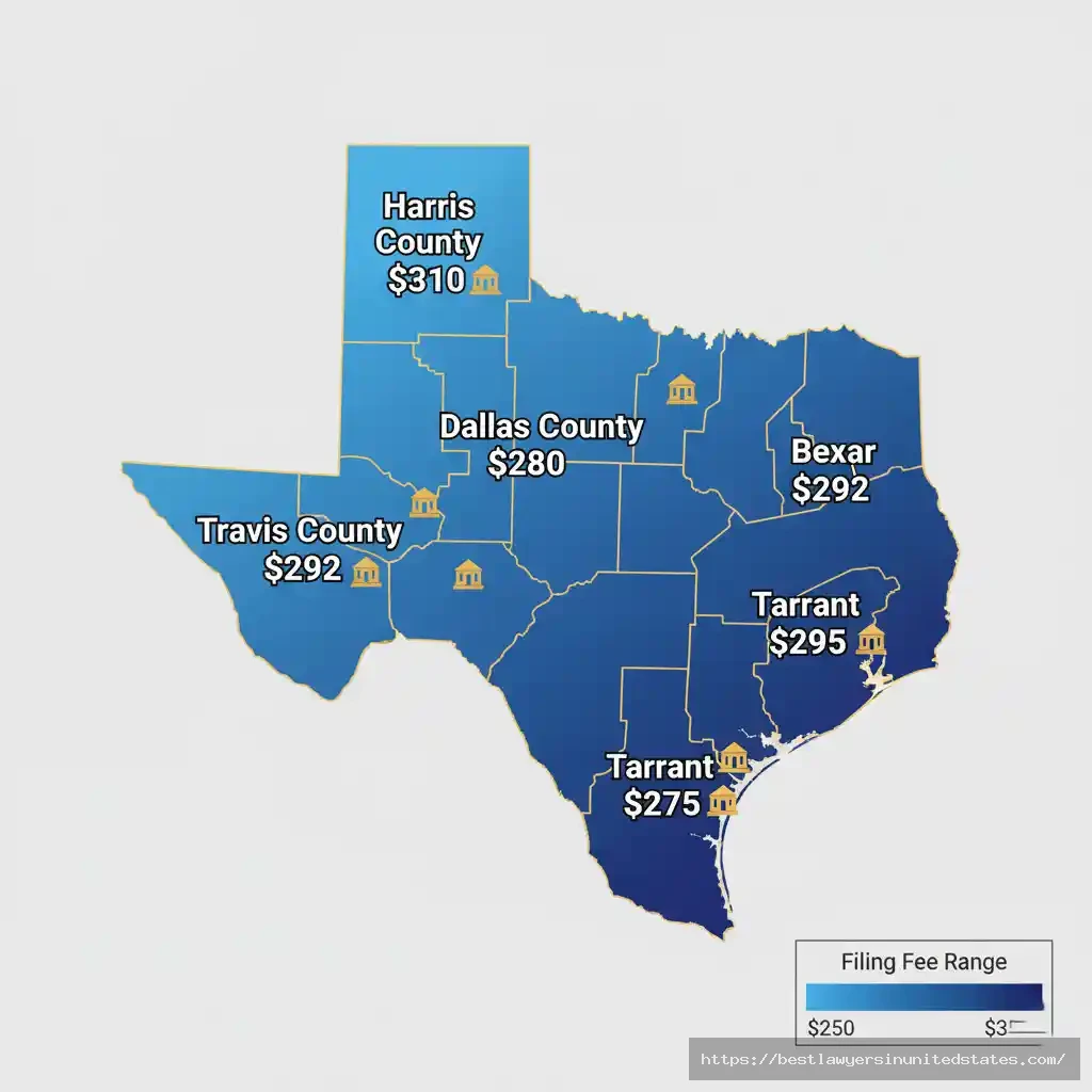 Texas county map showing divorce filing fees ranging from $250 to $350 across Harris, Dallas, Bexar, Travis, and Tarrant counties