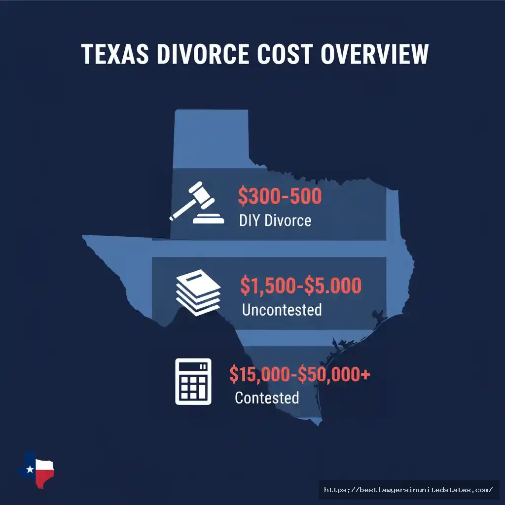 Texas divorce cost breakdown infographic showing DIY, uncontested, and contested divorce price ranges in 2025