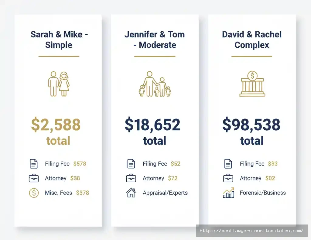 Three real Illinois divorce cost examples simple uncontested $2,588, moderate contested $18,652, complex high-conflict $98,538