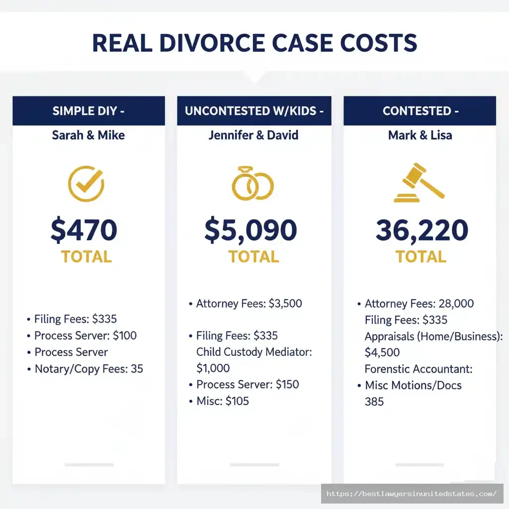 Three real New York divorce case studies showing actual costs from $470 DIY uncontested to $36,220 contested divorce with custody dispute