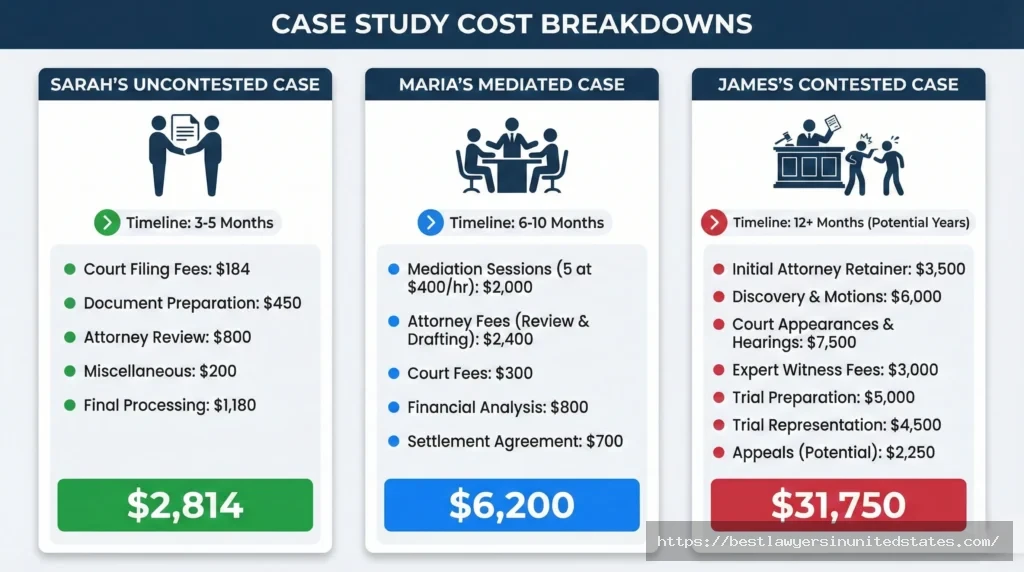 Three real Wisconsin divorce case study cost breakdowns showing uncontested, mediated