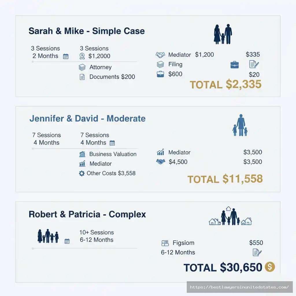 Three real divorce mediation case studies showing costs from $2,335 for simple cases to $30,650 for complex high-asset divorces