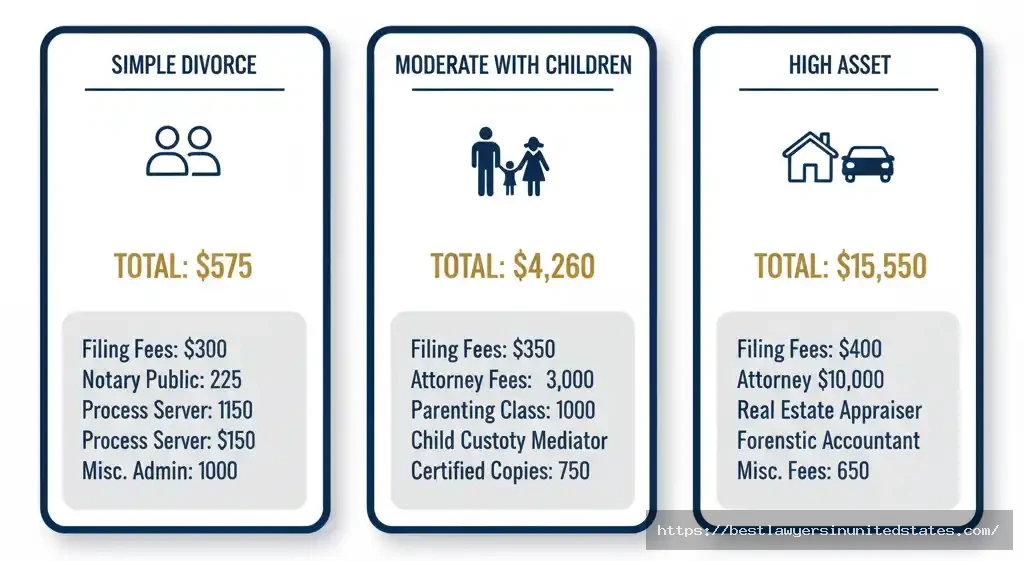 Three real-world divorce cost scenarios from simple $575 DIY divorce to complex $15,550 high-asset case with itemized breakdowns