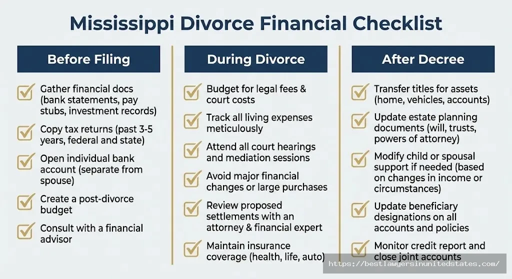Three-stage financial planning checklist for Mississippi divorce covering preparation, during proceedings, and post-decree actions