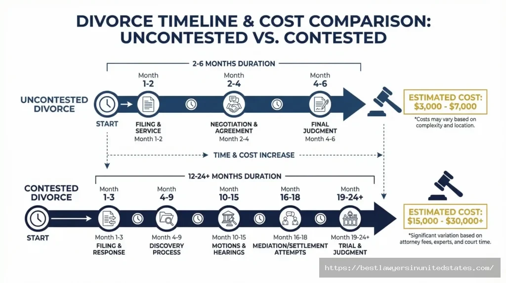 Timeline comparing uncontested divorce taking 2-6 months versus contested divorce taking 12-24 months with associated costs