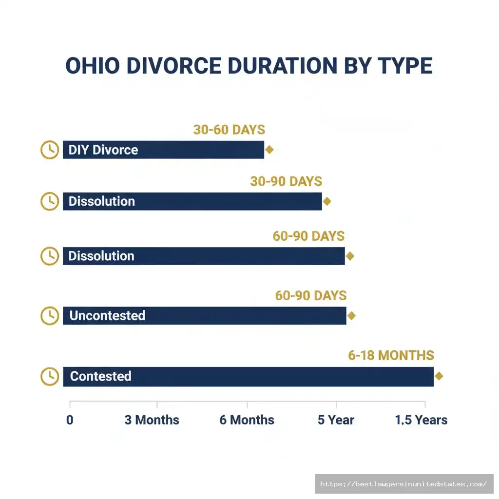 Timeline comparison showing Ohio divorce duration from fastest DIY divorce to longest contested divorce