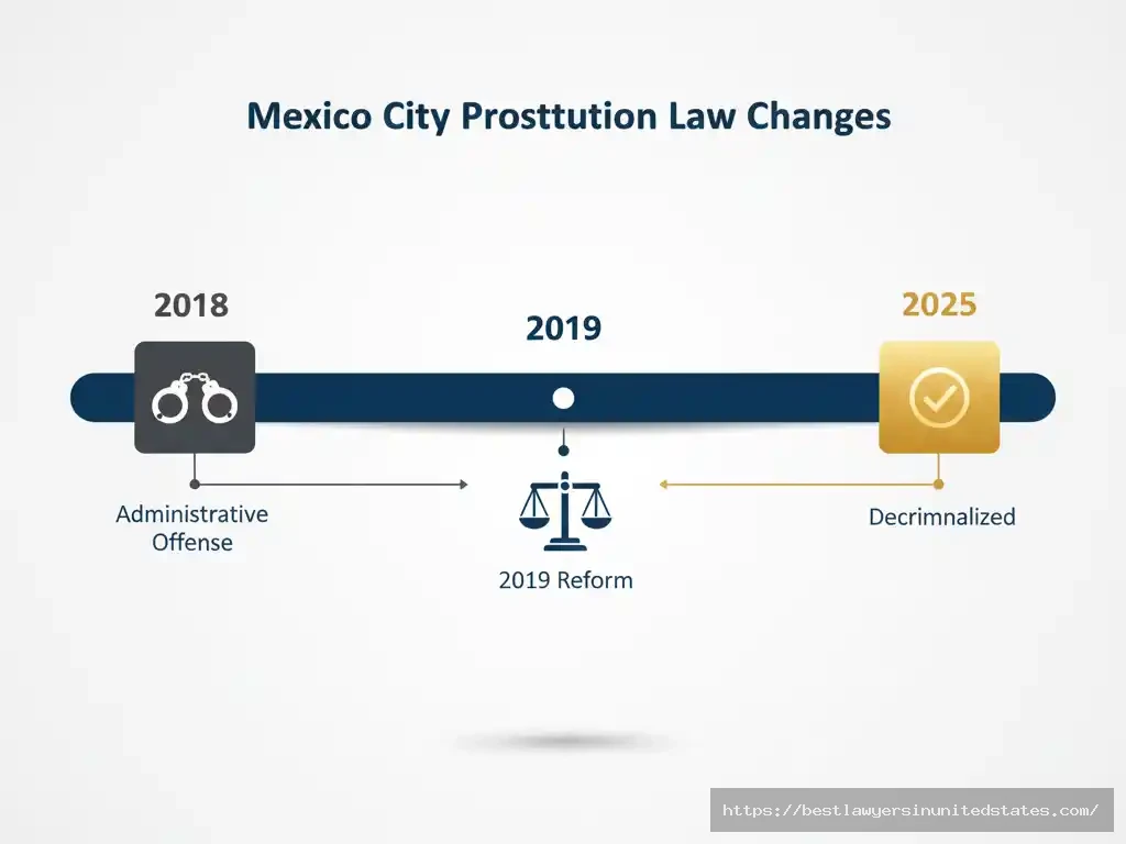 Timeline infographic showing Mexico City's prostitution decriminalization from 2019 to 2025