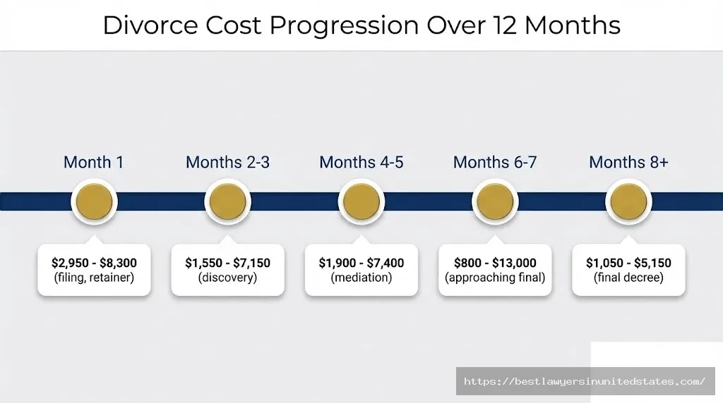 Timeline infographic showing Minnesota divorce costs by month from filing through finalization with expense milestones at each stage