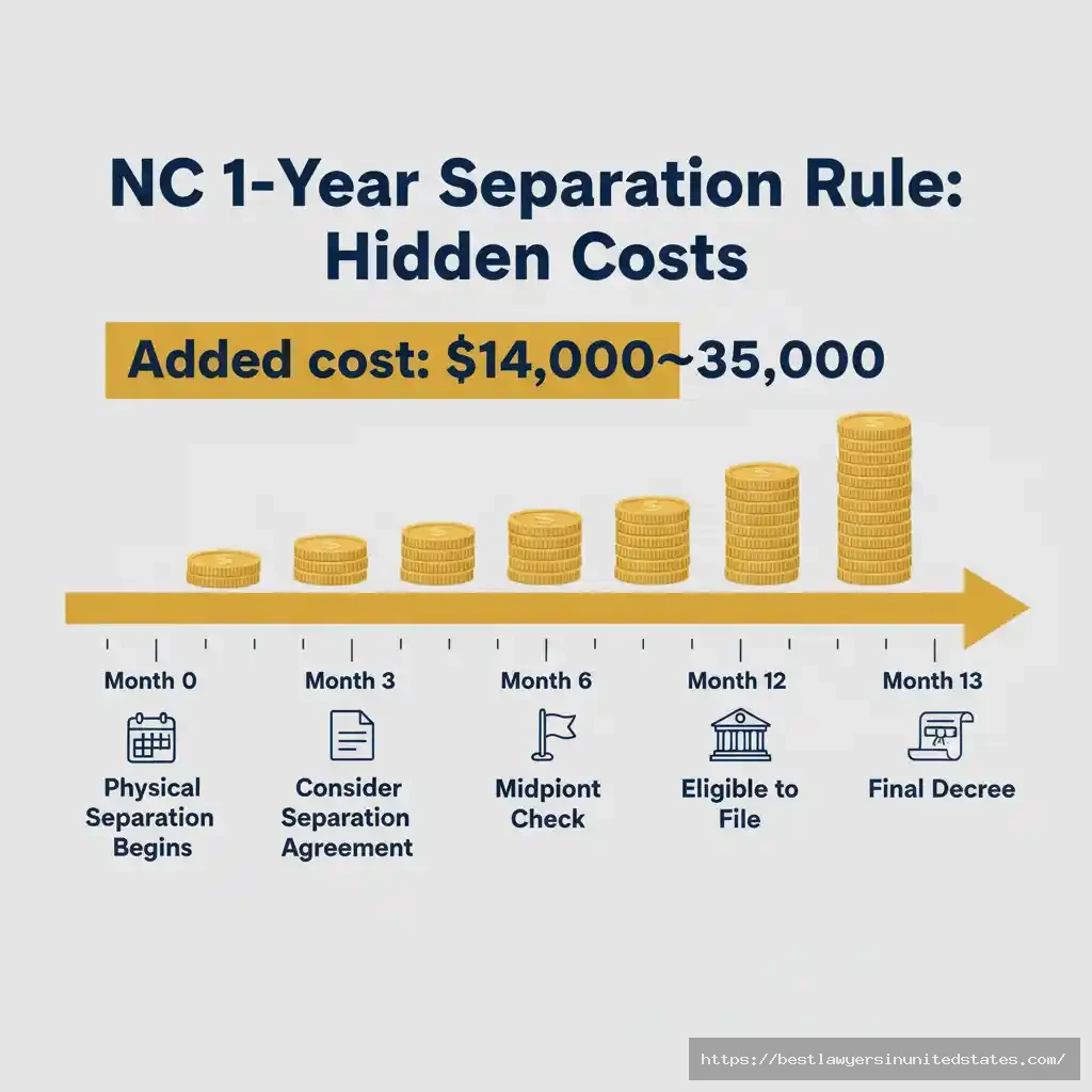 Timeline infographic showing North Carolina's mandatory 1-year separation requirement with accumulated costs of $14,000-$35,000 for maintaining two households