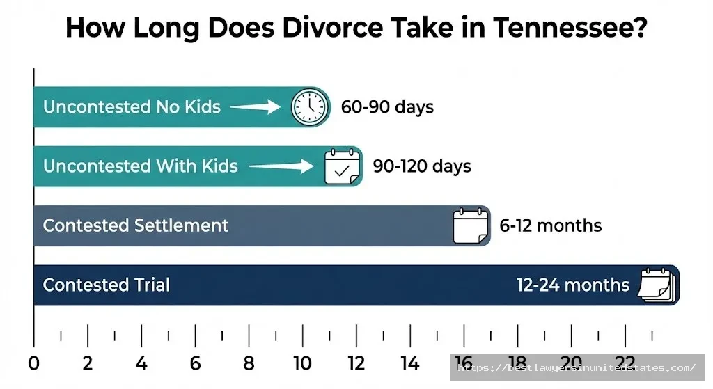 Timeline infographic showing Tennessee divorce duration from 60 days uncontested to 24 months for contested trial