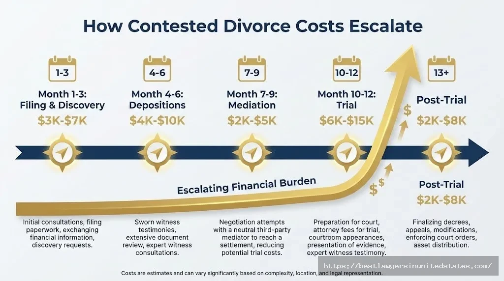 Timeline infographic showing how Mississippi contested divorce costs escalate from $3,000 in first months to over $30,000 through trial