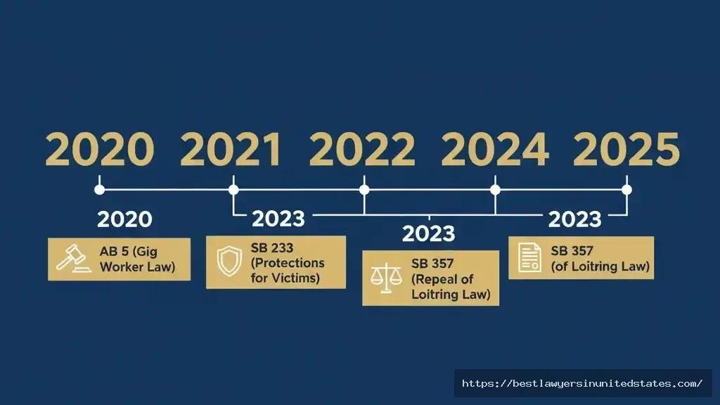 Timeline of California prostitution law reforms between 2020 and 2025 including AB5, SB233, and SB357