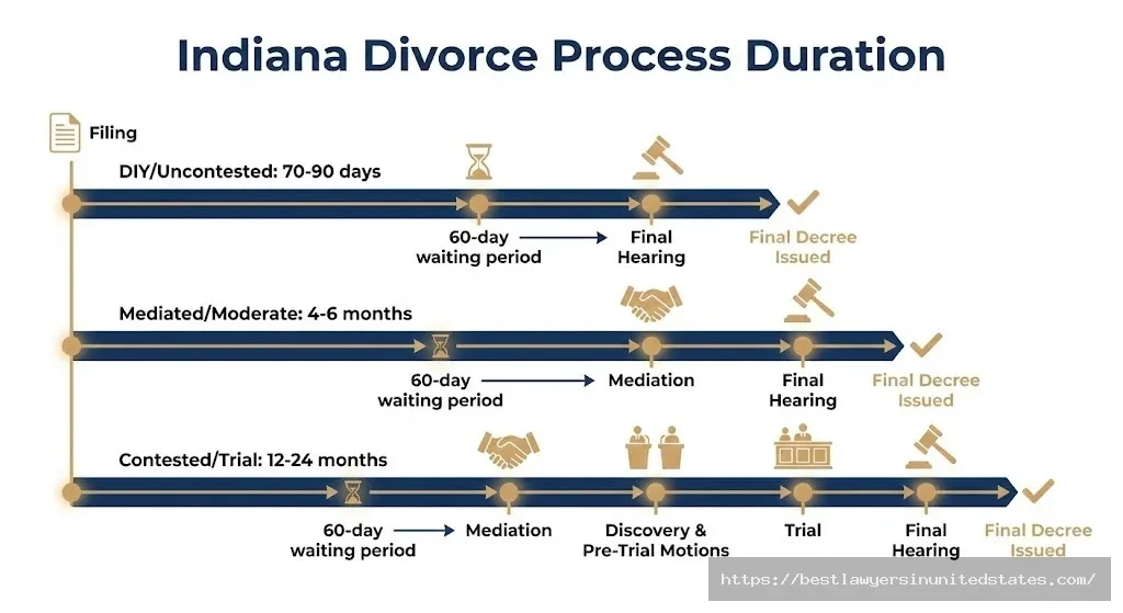 Timeline showing Indiana divorce duration from filing to completion for uncontested, mediated, and contested cases