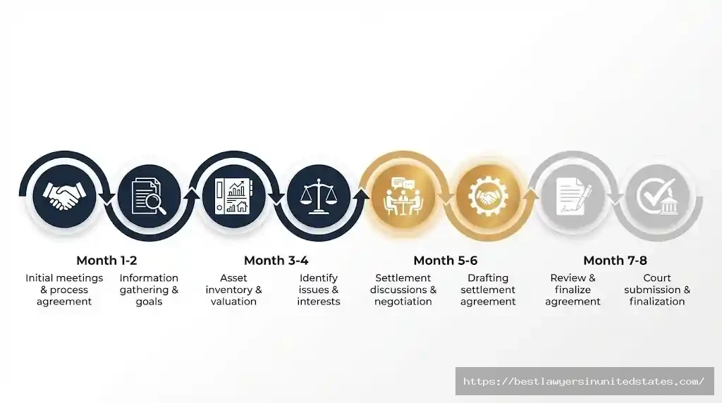 Timeline showing collaborative divorce process stages from initial meetings through finalization over 4 to 10 months