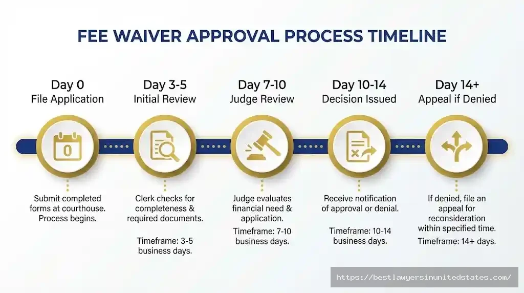 Timeline showing divorce filing fee waiver processing from application filing to court decision in 7-14 days