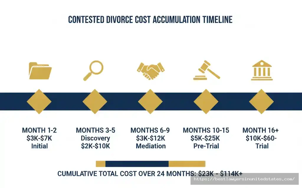 Timeline showing how contested divorce costs accumulate from $3,000 in month one to $60,000+ at trial phase over 12-24 months
