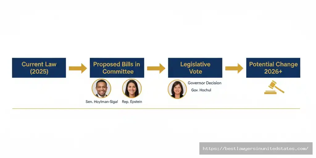 Timeline showing potential path for prostitution law reform in New York from 2025 to 2026