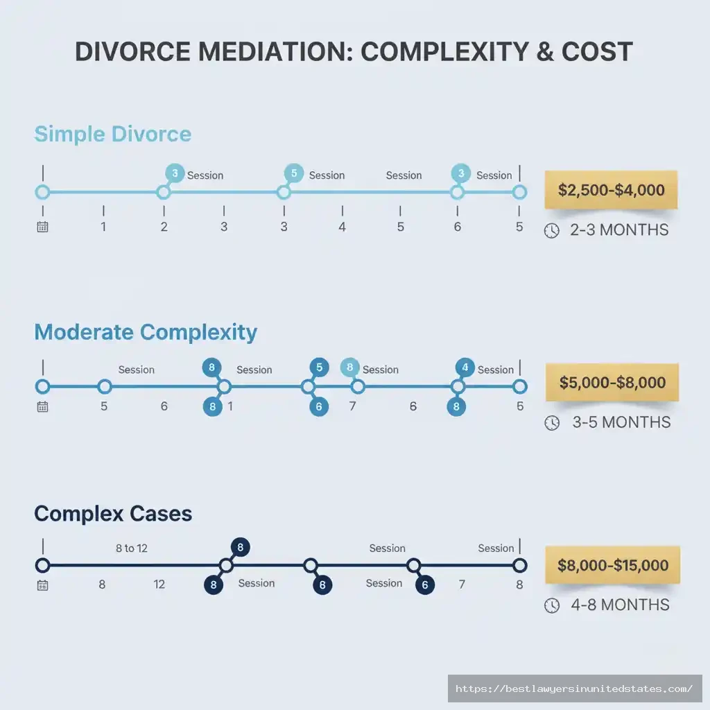 Timeline showing simple divorces need 3-5 mediation sessions over 2-3 months, moderate cases 5-8 sessions, complex cases 8-12 sessions