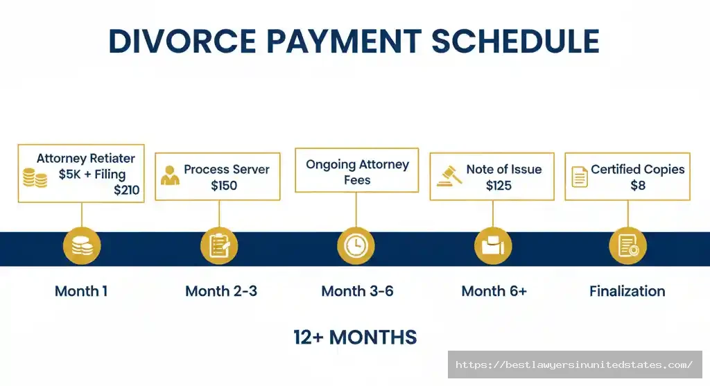 Timeline showing when New York divorce payments are due from initial filing fees through finalization costs over 6-12 month period
