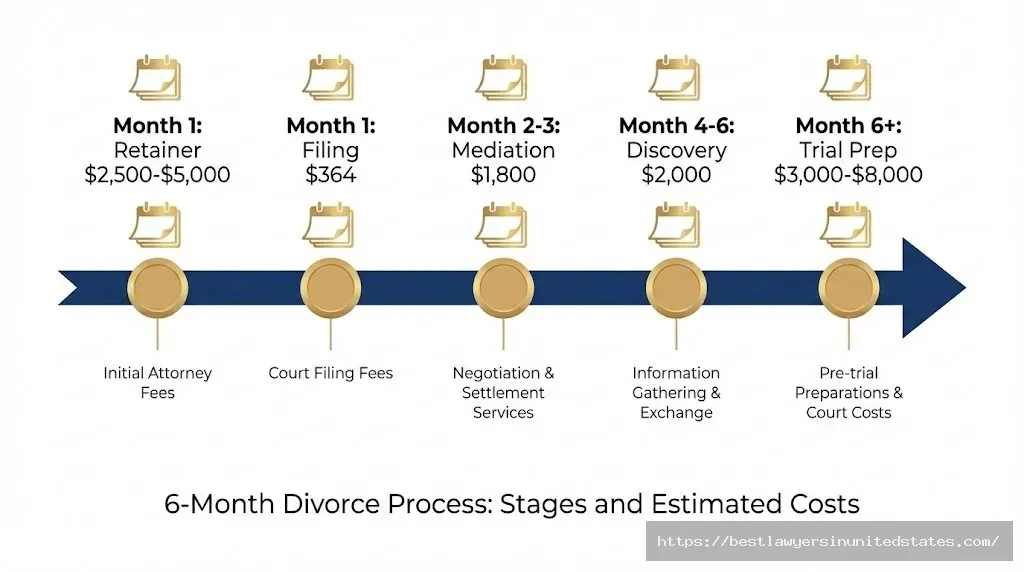 Timeline showing when divorce costs occur in Nevada from filing through finalization with dollar amounts at each stage
