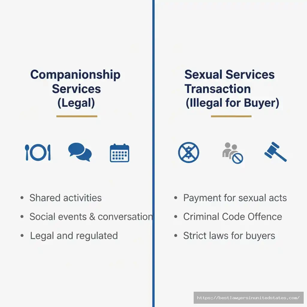 Two-panel infographic contrasting lawful companionship services with illegal sexual transactions for buyers.