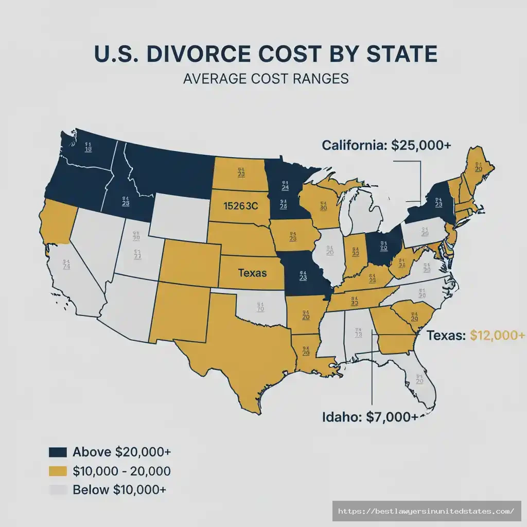 U.S. map showing divorce cost ranges by state in 2025