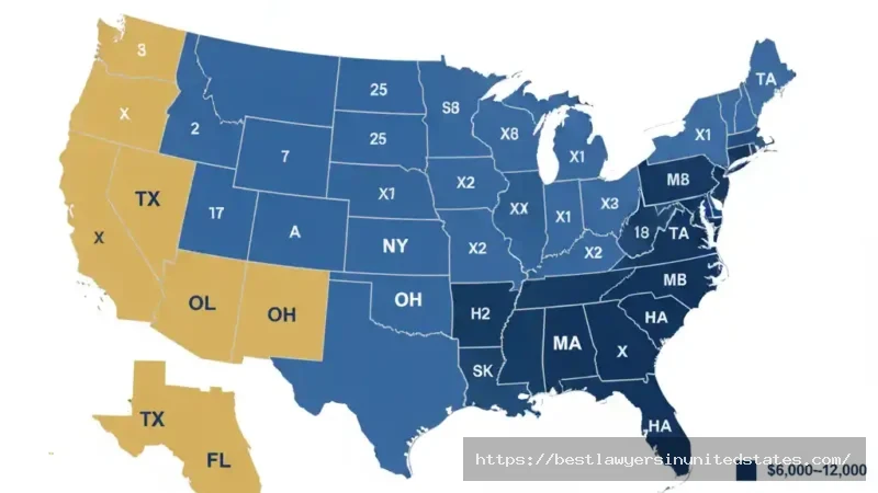 US heat map showing divorce mediation costs by state, ranging from $2,500 in Texas to $12,000 in California