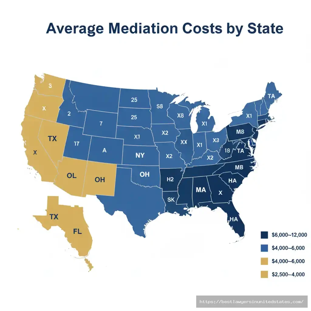 US heat map showing divorce mediation costs by state, ranging from $2,500 in Texas to $12,000 in California