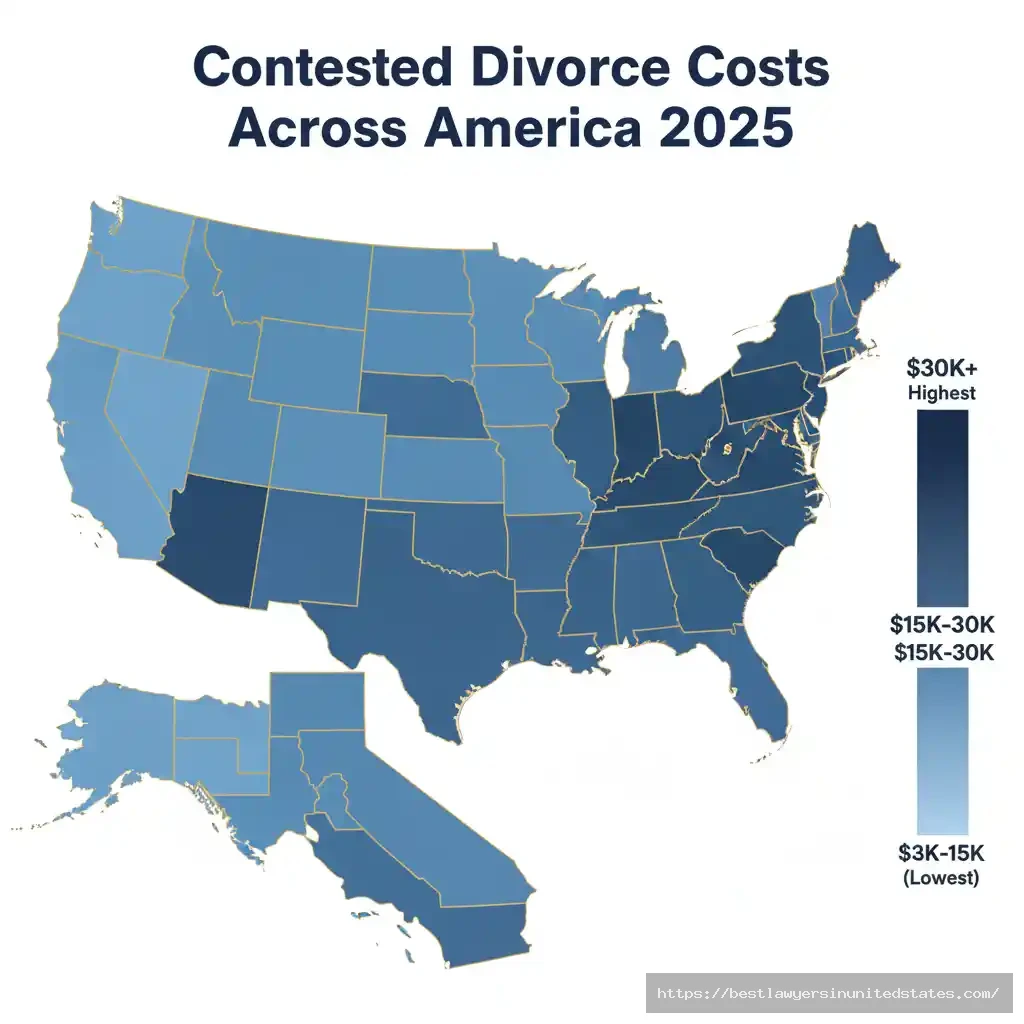 US map showing contested divorce costs by state, ranging from $8,000 in North Dakota to $150,000+ in California and New York