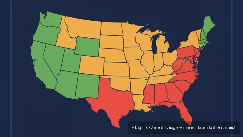 US map showing divorce filing fees by state with color-coded cost tiers from $50 to $450
