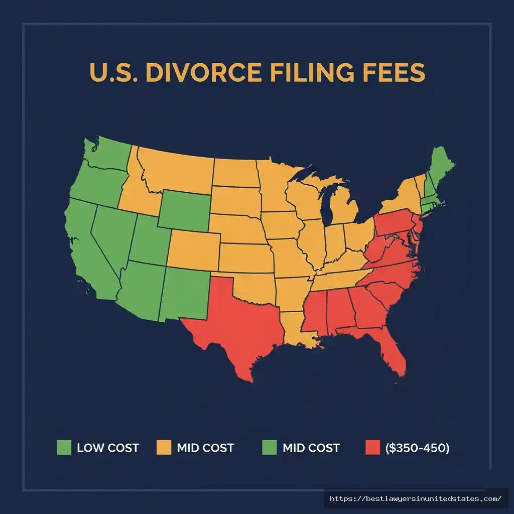 US map showing divorce filing fees by state with color-coded cost tiers from $50 to $450