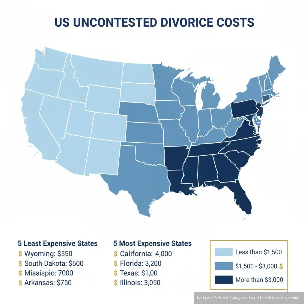 US map showing uncontested divorce costs by state with color-coded price ranges from $500 to $5,000