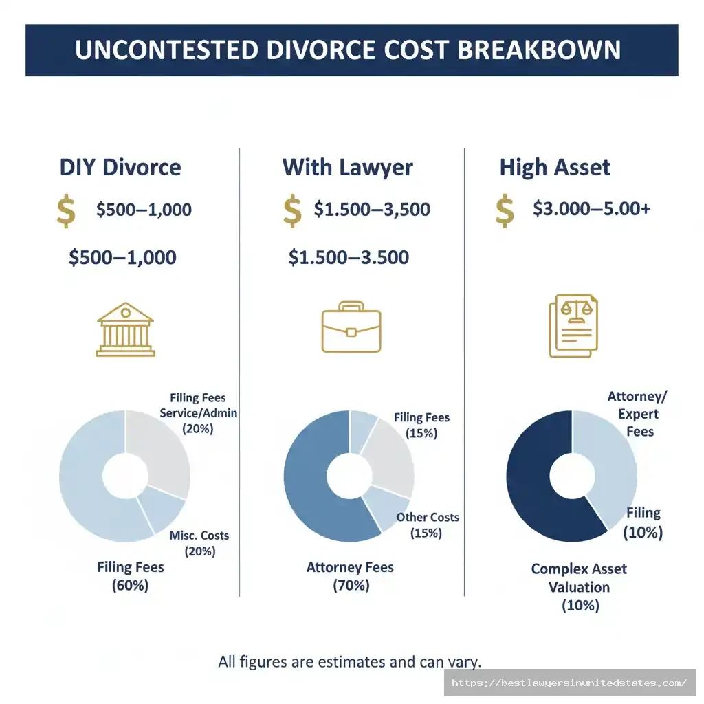 Uncontested divorce cost breakdown showing DIY, lawyer-assisted, and high-asset divorce price ranges from $500 to $5,000